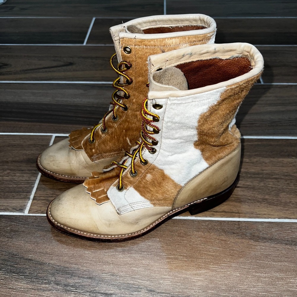 Larry Mahan Cowhide Granny Boots Kiltie Cowgirls Beige Western Leather Boots 6.5
